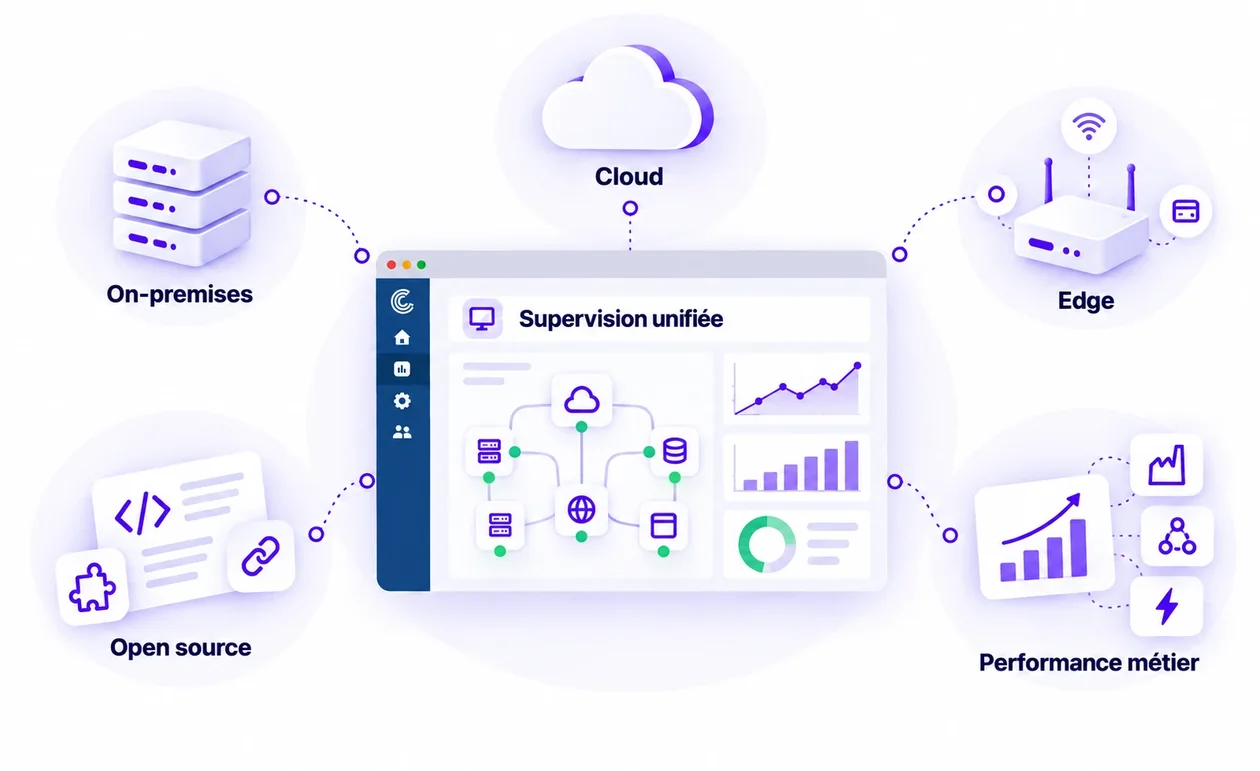 Illustration: das einheitliche Monitoring von Centreon, verbunden mit On-Premises, Cloud, Edge, Open Source und Business-Performance