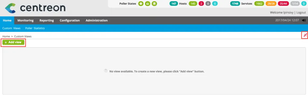 Centreon Home > Custom Views page with no view yet, showing the edit mode pen icon and the Add view button