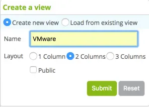 Centreon Create a view pop-in: new view named VMware with a 2-column layout