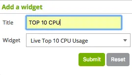 Centreon Add a widget form: title TOP 10 CPU, Live Top 10 CPU Usage widget selected