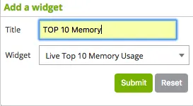 Centreon Add a widget form: title TOP 10 Memory, Live Top 10 Memory Usage widget selected