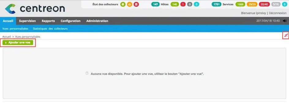 Menu Accueil > Vues personnalisées de Centreon sans vue existante, avec le bouton « Ajouter une vue » et l'icône d'édition en forme de crayon encadrés en rouge
