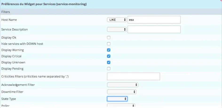 Service Monitoring widget filter preferences in Centreon: host name LIKE esx, only Warning, Critical and Unknown statuses displayed