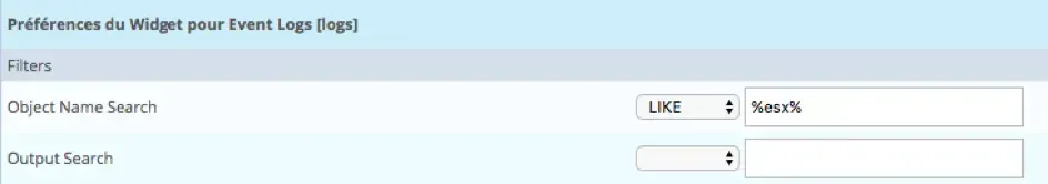 Préférences du widget Event Logs : recherche par nom d'objet LIKE %esx%