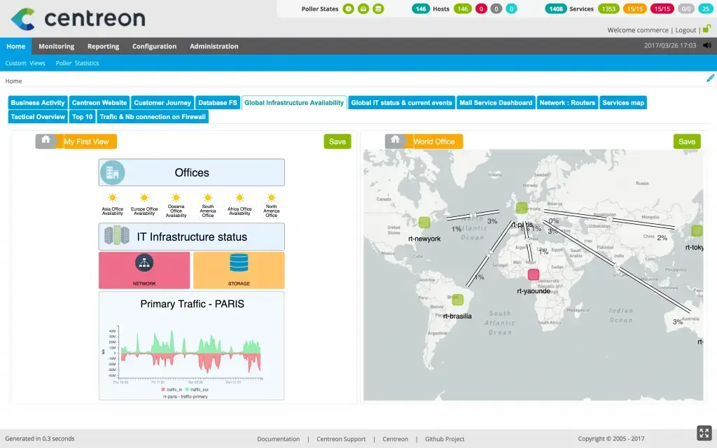 Vues Centreon MAP partagées dans l'interface Centreon : vue des bureaux et de l'infrastructure IT, et carte mondiale des sites et liens réseau