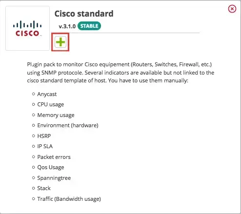 Fiche du Plugin Pack Cisco standard v3.1.0 (Stable), avec l'icône d'installation encadrée et la liste des indicateurs SNMP disponibles