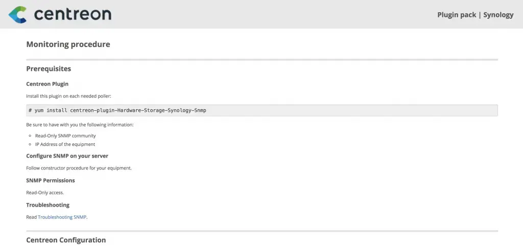 Synology Plugin Pack monitoring procedure: install centreon-plugin-Hardware-Storage-Synology-Snmp on the poller and enable read-only SNMP on the NAS