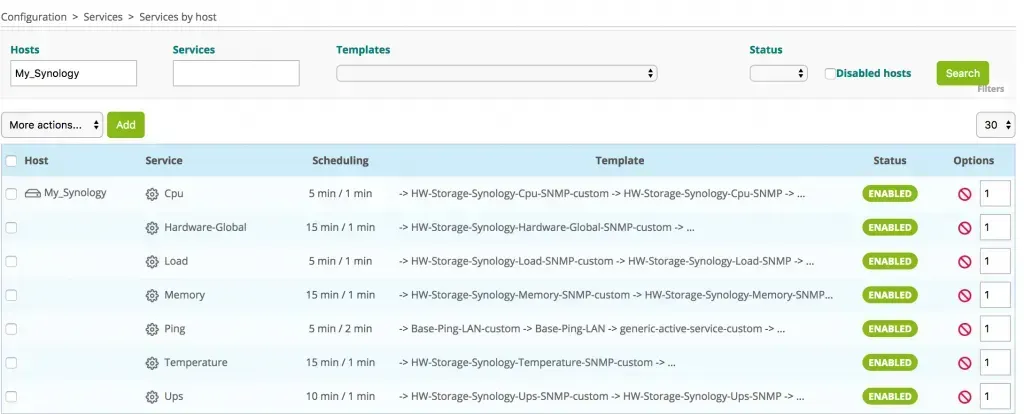 Services created automatically for the My_Synology host in Centreon: Cpu, Hardware-Global, Load, Memory, Ping, Temperature and Ups, all enabled