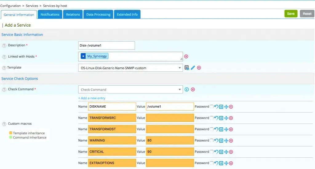 Centreon Add a Service form: Disk-/volume1 service on host My_Synology, template OS-Linux-Disk-Generic-Name-SNMP-custom, 80/90 % warning and critical thresholds