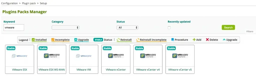 Plugin Packs Manager de Centreon filtré sur « vmware » : Plugin Packs VMware ESX, ESX WS-MAN, VM, vCenter, vCenter v4 et vCenter v5, marqués Stable