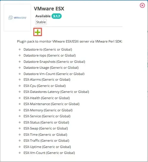 Fiche du Plugin Pack VMware ESX, version 3.1.7 marquée Stable, avec son bouton d'installation et la liste des services : datastores, CPU, mémoire, santé, alarmes, trafic, uptime