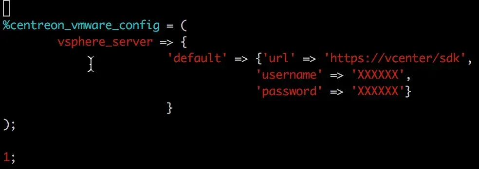 Fichier de configuration du connecteur VMware de Centreon : déclaration du serveur vSphere par défaut avec l'URL du SDK vCenter, l'identifiant et le mot de passe