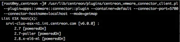 Test du connecteur VMware en ligne de commande : le mode getmap liste les hôtes ESX du vCenter et leurs machines virtuelles à l'état poweredOn