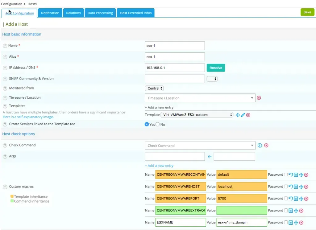 Formulaire Configuration > Hosts > Add a Host de Centreon pour un serveur ESX : modèle Virt-VMWare2-ESX-custom et macros du connecteur VMware (hôte, port 5700, nom ESX)