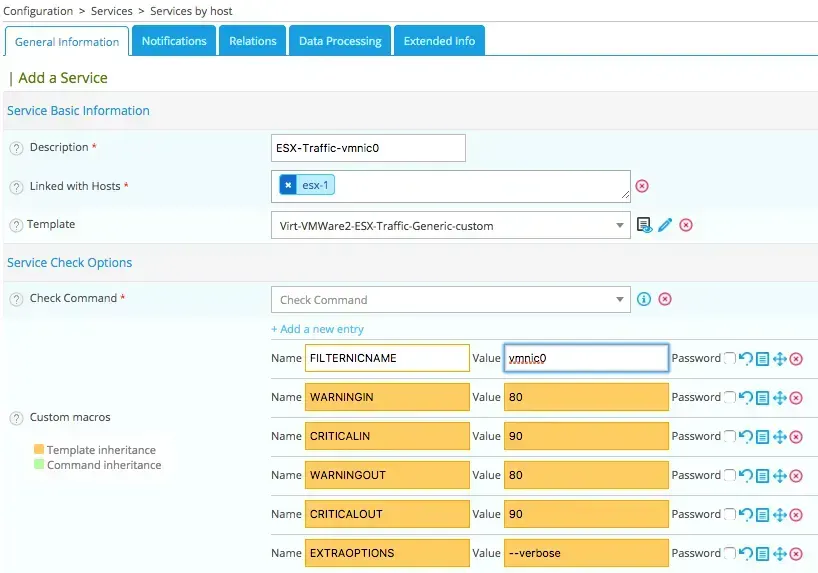 Formulaire Add a Service de Centreon : service ESX-Traffic-vmnic0 lié à l'hôte esx-1, avec les macros d'interface et les seuils warning à 80 et critical à 90