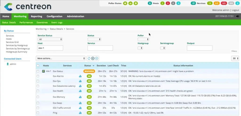 Page Monitoring > Status Details > Services de Centreon : services de l'hôte esx-1 (statut ESX, alarmes, CPU, datastores, santé, mémoire, swap, trafic, ping), l'un en WARNING