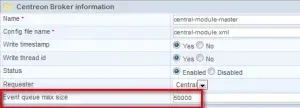 Centreon Broker information for central-module-master (central-module.xml), with Event queue max size set to 50000
