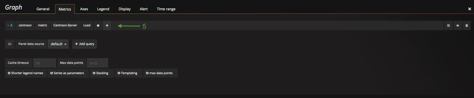 Grafana Graph panel, Metrics tab: query on centreon.metric.Centreon-Server.Load.*