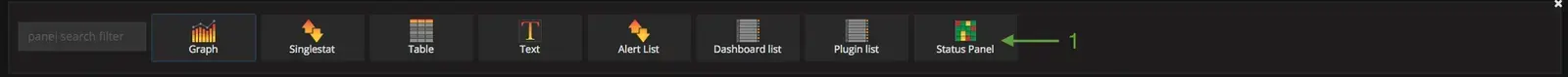 Grafana panel type list for the row, with the Status Panel plugin now available