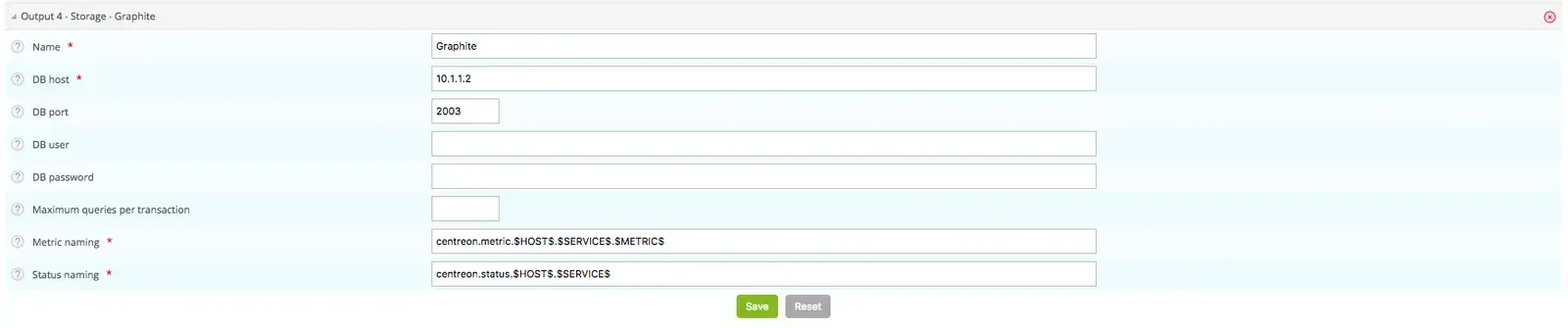 Centreon Broker Graphite output form: DB host and port 2003, metric naming centreon.metric.$HOST$.$SERVICE$.$METRIC$ and status naming centreon.status.$HOST$.$SERVICE$