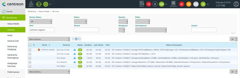 Page Monitoring > Status Details > Services de Centreon : services CPU Credit, CPU Usage, Diskio, Network et Status d'une instance AWS EC2 au statut OK