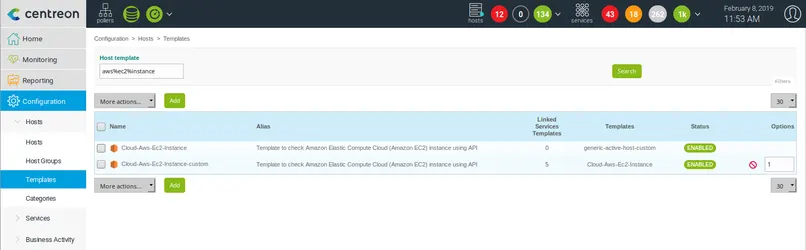 Menu Configuration > Hosts > Templates de Centreon : modèles d'hôtes Cloud-Aws-Ec2-Instance et Cloud-Aws-Ec2-Instance-custom installés par le Plugin Pack AWS EC2