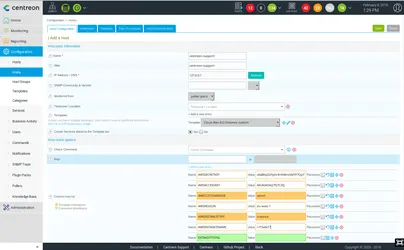 Formulaire Configuration > Hosts > Add a Host de Centreon pour une instance AWS EC2 : nom, adresse IP, modèle Cloud-Aws-Ec2-Instance-custom et macros d'accès à l'API