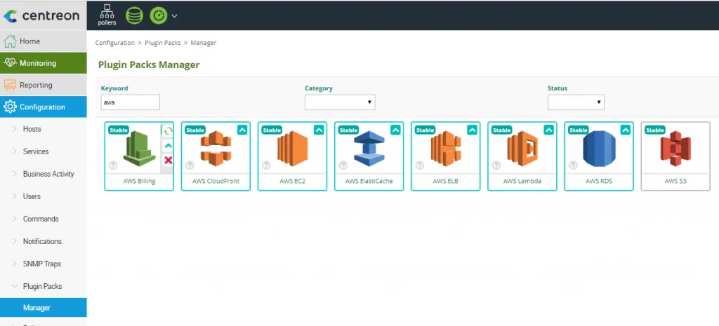 Plugin Packs Manager de Centreon filtré sur « aws » : Plugin Packs AWS Billing, CloudFront, EC2, ElastiCache, ELB, Lambda, RDS et S3, marqués Stable