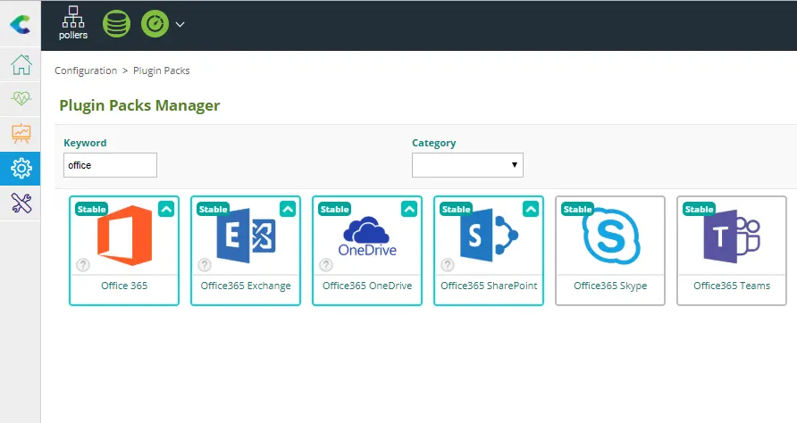Plugin Packs Manager de Centreon filtré sur « office » : Plugin Packs Office 365, Exchange, OneDrive, SharePoint, Skype et Teams, marqués Stable