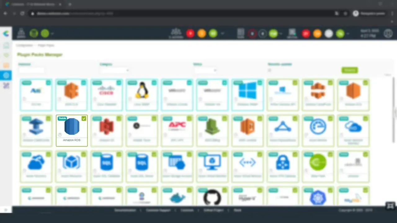 Centreon Plugin Packs Manager with the Amazon RDS Plugin Pack installed, marked Stable