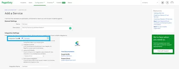 PagerDuty Add a Service form: service named Centreon, described as Security Monitoring Centreon Platform, with Centreon selected as the integration type
