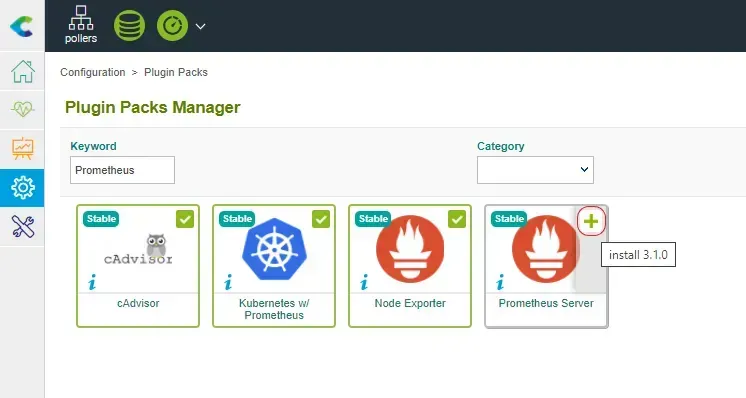 Centreon Plugin Packs Manager filtered on Prometheus: cAdvisor, Kubernetes w/ Prometheus, Node Exporter and Prometheus Server (install 3.1.0)