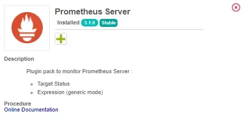 Prometheus Server Plugin Pack 3.1.0, installed and Stable, monitoring Target Status and Expression (generic mode)
