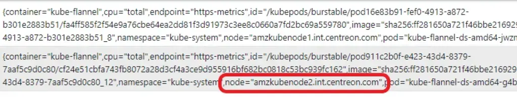 Prometheus results with the node label (amzkubenode2.int.centreon.com) highlighted, used to aggregate CPU metrics per Kubernetes node