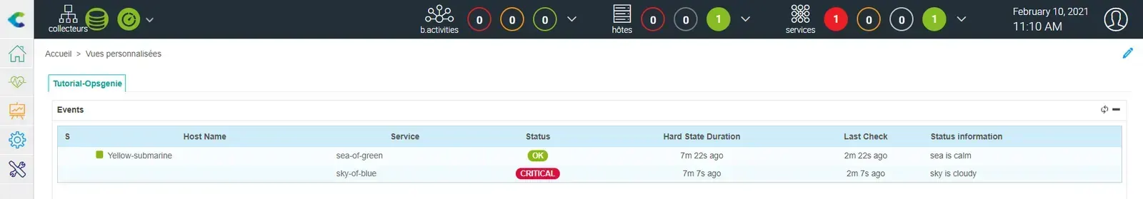 Centreon custom view for the Yellow-submarine host: sea-of-green service OK and sky-of-blue service CRITICAL