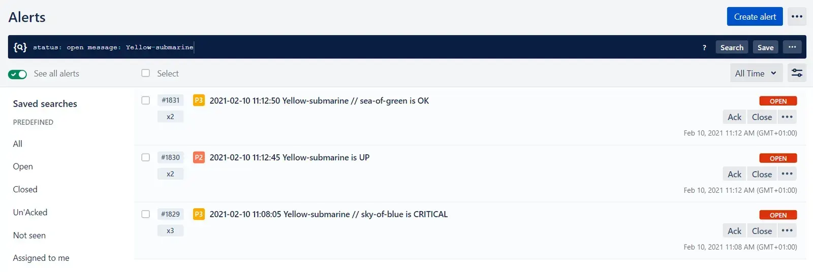 Opsgenie Alerts list filtered on Yellow-submarine: host UP, sea-of-green OK and sky-of-blue CRITICAL alerts sent by Centreon
