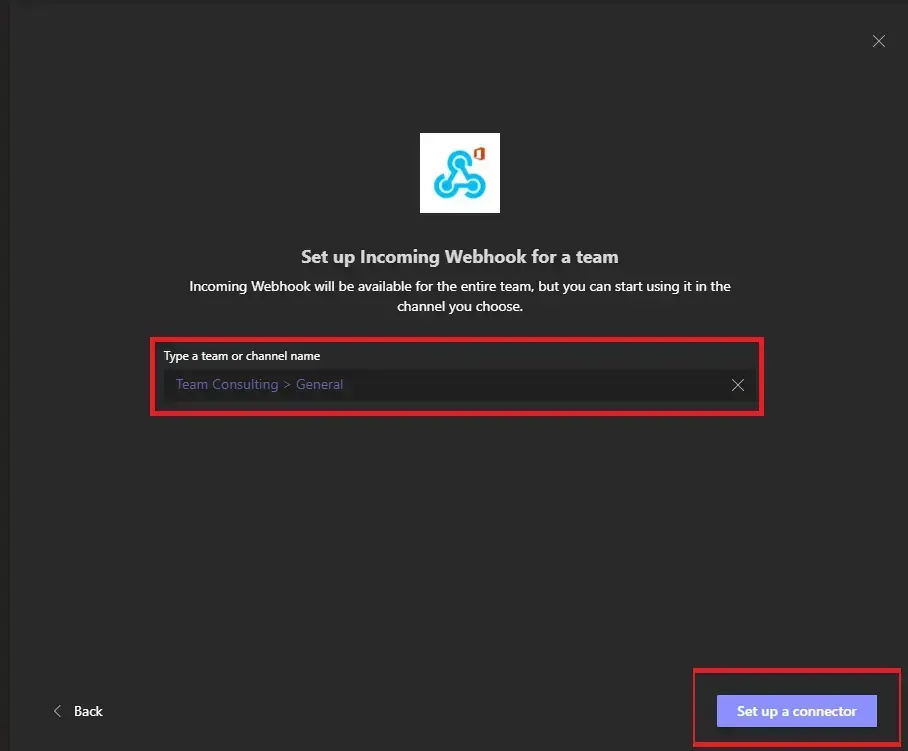 Microsoft Teams dialog to set up Incoming Webhook for the General channel of the Team Consulting team, with the Set up a connector button
