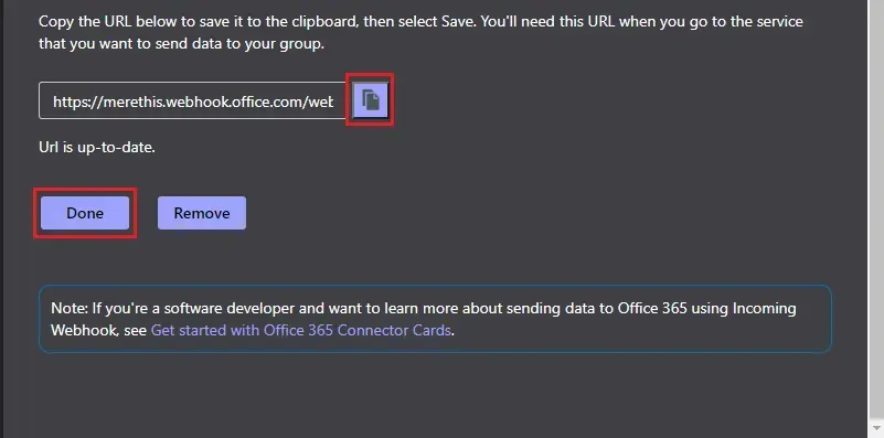 Incoming Webhook URL generated by Microsoft Teams, with the copy icon and the Done button highlighted
