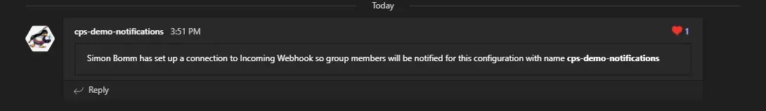 Microsoft Teams message confirming that a connection to Incoming Webhook was set up with the name cps-demo-notifications