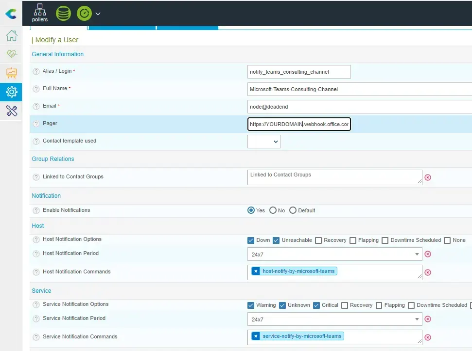 Centreon contact created by CLAPI for Microsoft Teams: webhook URL in the Pager field and host and service notification commands for Microsoft Teams