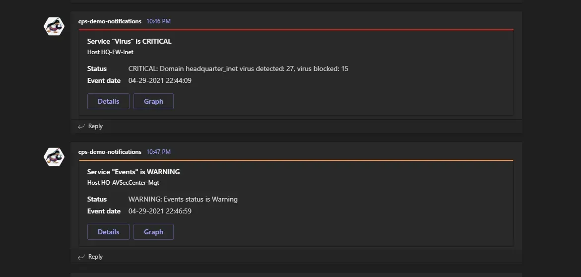 Centreon notifications in a Microsoft Teams channel: Virus service CRITICAL on HQ-FW-Inet and Events service WARNING, with Details and Graph buttons