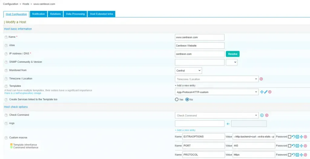 Formulaire Configuration > Hôtes de Centreon : hôte www.centreon.com avec le modèle App-Protocol-HTTP-custom et les macros EXTRAOPTIONS, PORT 443 et PROTOCOL https