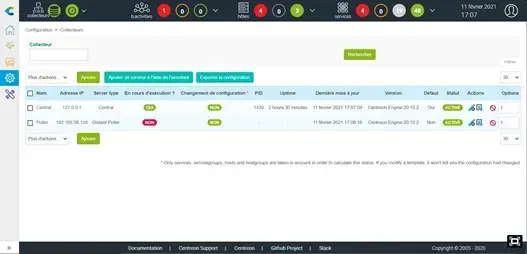 Centreon Configuration > Pollers page: the remote poller is shown as not running while the central is running
