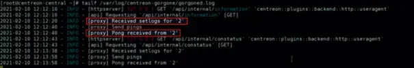 centreon-gorgone log on the central server showing setlogs requests sent to poller 2 and pong responses received from it