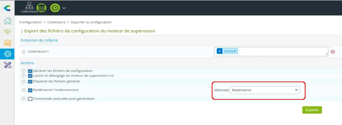 Centreon Configuration > Pollers > Export configuration page for the Central poller, with the Restart method selected
