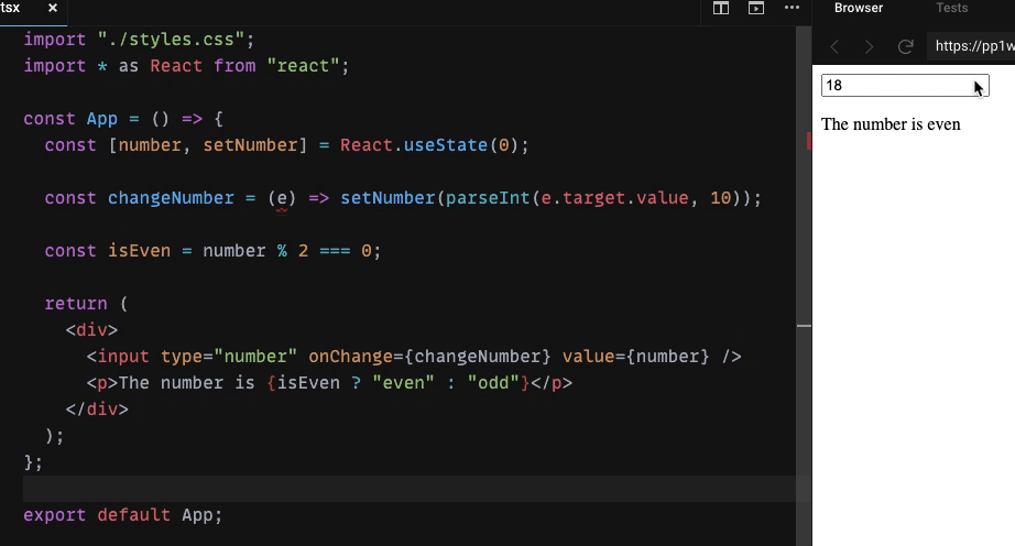 Exemple de code React avec le hook useState : un champ numérique met à jour l'état et affiche « The number is even » pour la valeur 18
