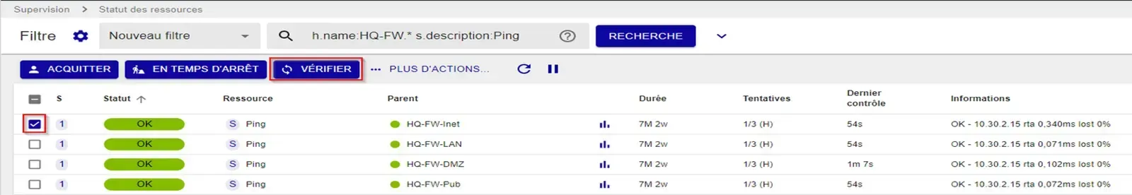 Centreon Resources Status page with a Ping service selected and the Check button highlighted to run an immediate check