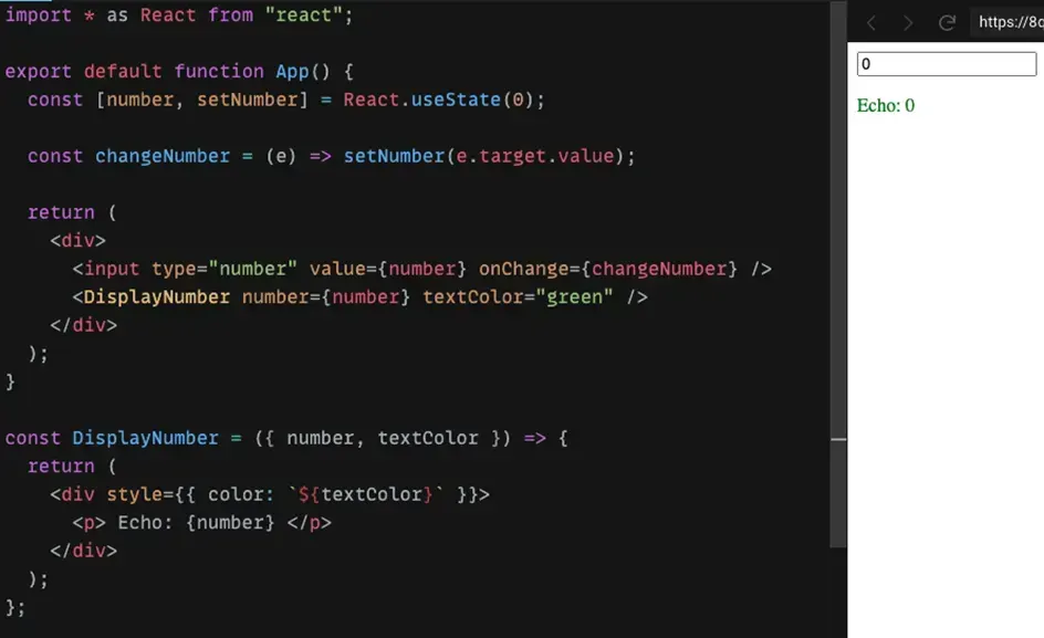 Exemple de code React de passage de propriétés : l'état number du composant App est transmis au composant enfant DisplayNumber, qui affiche « Echo: 0 »