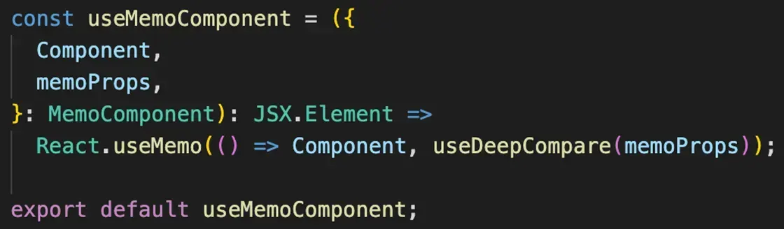 Code du hook personnalisé useMemoComponent : React.useMemo mémoïse un composant selon ses memoProps, comparées avec useDeepCompare