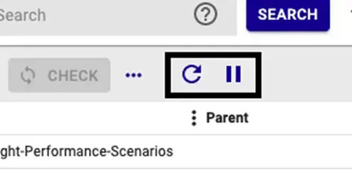 Boutons de rafraîchissement et de pause de l'actualisation automatique, encadrés dans la barre d'actions de la page Resources Status de Centreon